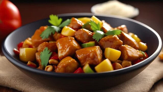 Kung Pao chicken made with tofu served on white plate rotating. Vegan meal. Isolated closeup slow motion
