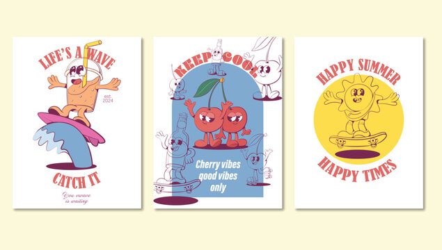 Retro groovy summer mascot characters
