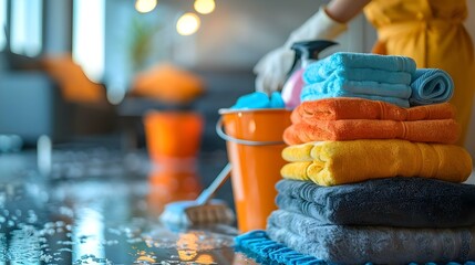 Efficient Housekeeper Ready with Cleaning Supplies. Concept Cleaning Services, Housekeeping, Efficient, Organized, Professional - obrazy, fototapety, plakaty
