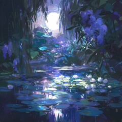 Majestic Night Scene at a Mystic Pond with Stunning Lotus Blooms and Glowing Moonlight