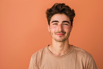 A young man with a beard is smiling with his eyes closed