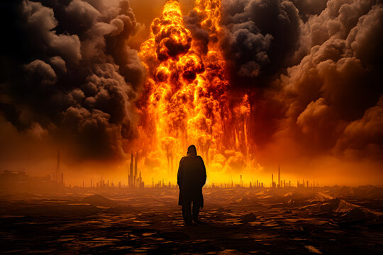 people walking amidst the flames of an erupting volcano, a picture of the end of the world and the earth being destroyed and uninhabitable