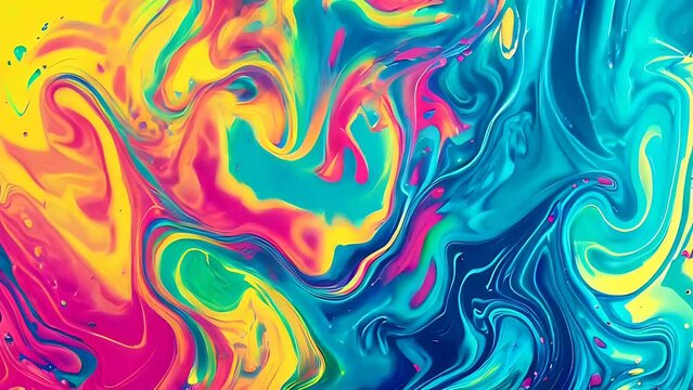 Vibrant fluid paint in a multitude of colors flows and blends across the background, creating an abstract and dynamic visual display