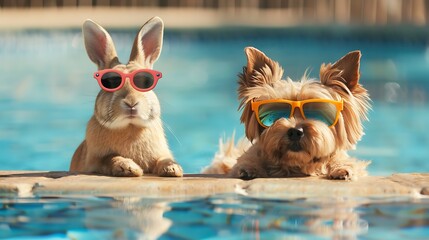 cute bunny rabbit and dog together by the pool for summer in googles - obrazy, fototapety, plakaty