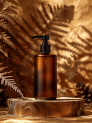 Dark brown dispenser stands on a podium, product mockup