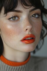 Woman with freckled hair and orange lipstick
