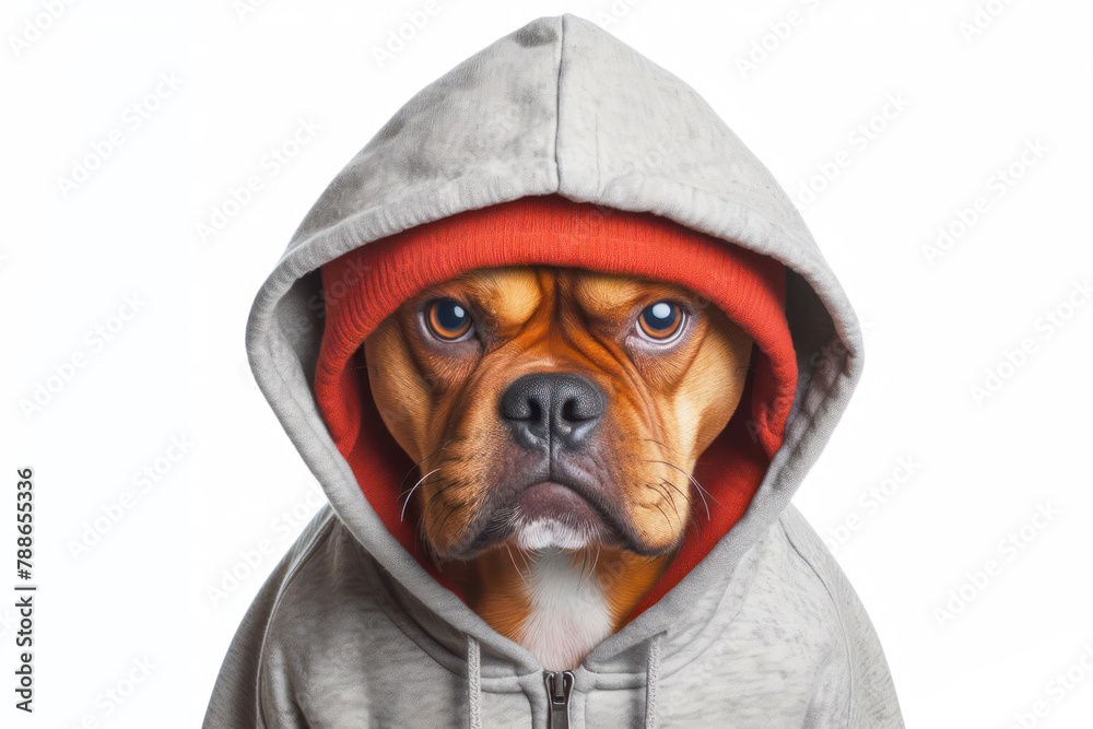 Wall mural a very angry furious dog dressed hoodie isolated on white background