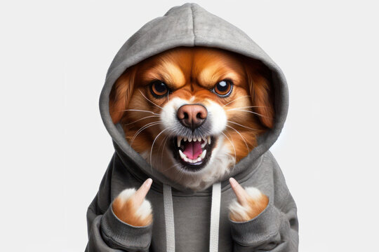 a very angry furious dog dressed hoodie isolated on white background