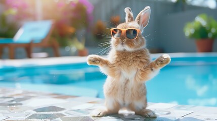 cute bunny rabbit dancing by the pool for summer in googles - obrazy, fototapety, plakaty