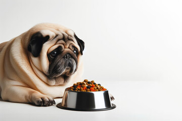 fat pug dog lies next to a bowl of food on a white background copy space - obrazy, fototapety, plakaty