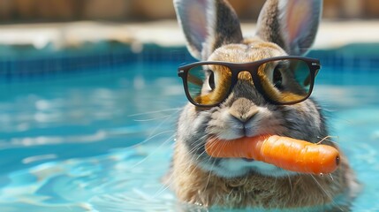 cute bunny rabbit eating carrot by the pool for summer in googles - obrazy, fototapety, plakaty