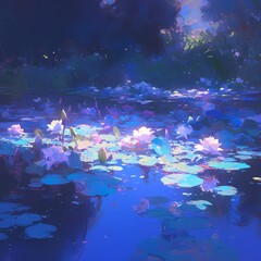 Fototapeta na wymiar Enchanting Nigh-time Water Lily Haven – A Glimpse of Monet's Famous Pond