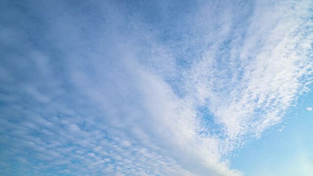 Blue sky white clouds. Puffy fluffy white clouds. Cumulus cloud cloudscape time lapse. Summer blue sky time lapse. Nature weather blue sky. White clouds background.