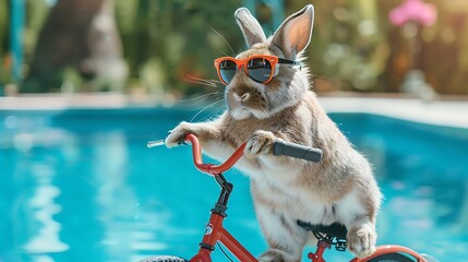 cute bunny rabbit riding a bike by the pool for summer in googles - obrazy, fototapety, plakaty