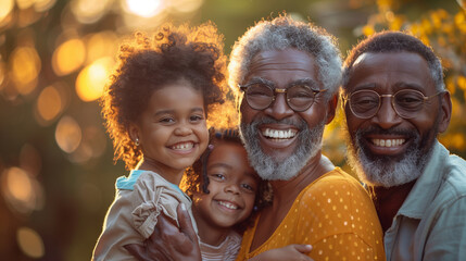copy space, stockphoto, Happy multigenerational family of four smiling at the camera, with father...