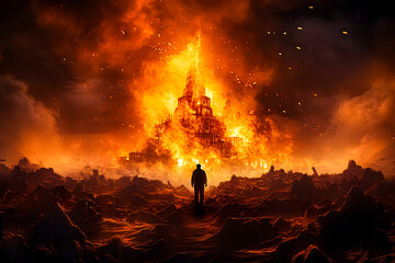 people walking amidst the flames of hell, a picture of the end of the world and the earth being destroyed and uninhabitable - obrazy, fototapety, plakaty