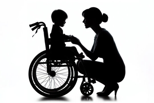 recommend clip art: silhouette Mother and disabled child on wheelchair isolated on a white background