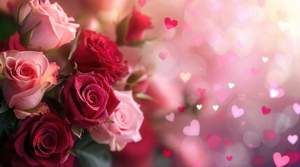 Romantic Valentine's Day background with hearts and pink and red roses on a soft pink gradient, conveying love and affection - obrazy, fototapety, plakaty