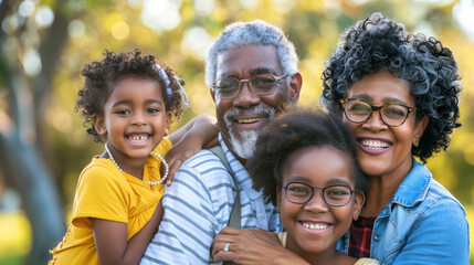 copy space, stockphoto, Happy multigenerational family of four smiling at the camera, with father...