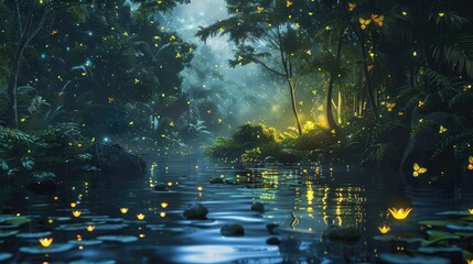 Fireflies at night in a swamp in tropical forest. Fairy landscape with waterlilies, trees and...
