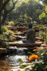 Buddha statue seated on rock in garden
