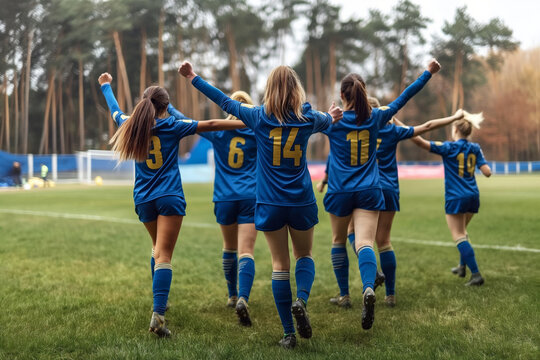 Group of young female soccer players celebrating victory from behind