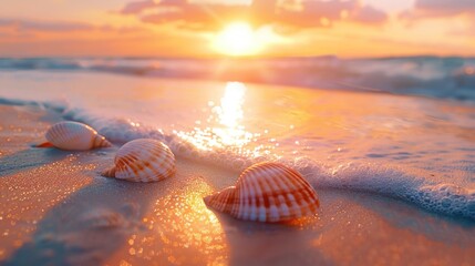 Summer celebration background with sandy beach textures, seashells, and a sunset view, perfect for seasonal event designs