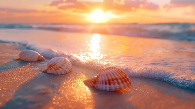 Summer celebration background with sandy beach textures, seashells, and a sunset view, perfect for seasonal event designs