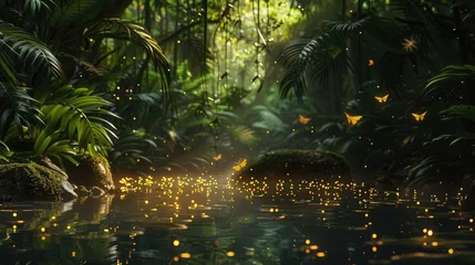 Foto op Plexiglas Fireflies at night in a swamp in tropical forest. Fairy landscape with waterlilies, trees and rocks. Modern illustration of wetlands or wild jungle areas with rivers or ponds. © Manzoor