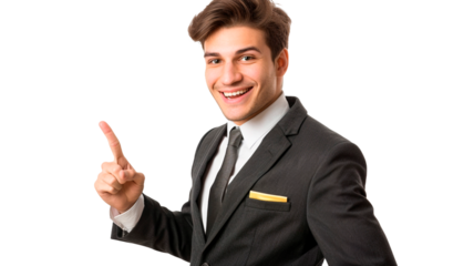 Photo of young businessman surprised reaction point fingers up information speech advertisement isolated on transparent background.