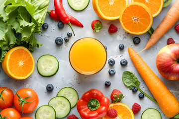 Vibrant Display of Fresh Fruits, Vegetables and Refreshing Orange Juice Representing Balanced Nutrition