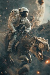 Interstellar Mount Create an image of an astronaut riding a dinosaur as they navigate through asteroid fields and cosmic debris, using the dinosaur as a trusty steed in the depths of space 8K , high-r