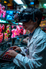 Obraz premium Medical researcher in white lab coat using computer