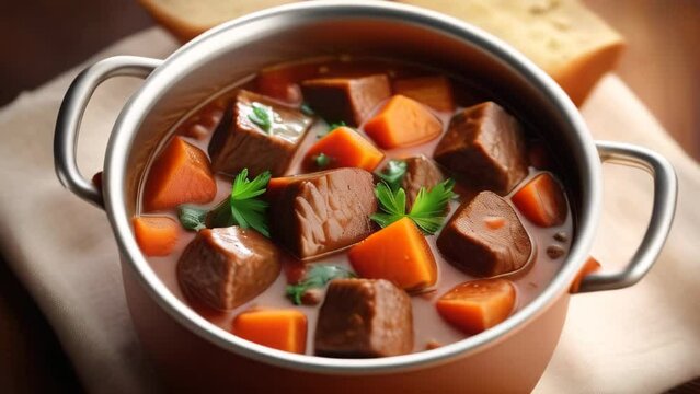 Beef stew hotpot with spices, bread and vegetables. Traditional cuisine beef stew. Food style decorated table