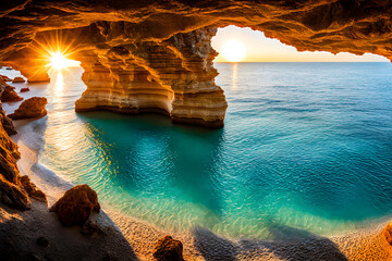 sea cave with sunset or sunrise