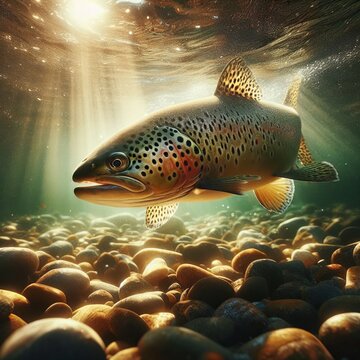 Sunlit Serenity: A Speckled Trout’s Underwater Dance Amidst Vibrant Pebbles in a Clear Stream
