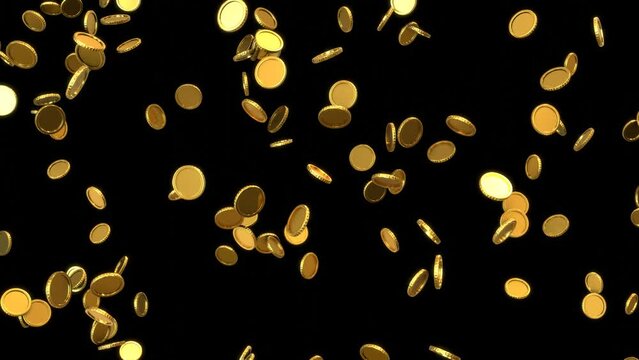 Animation of Golden coins falling over the black background. Rendered animation.
