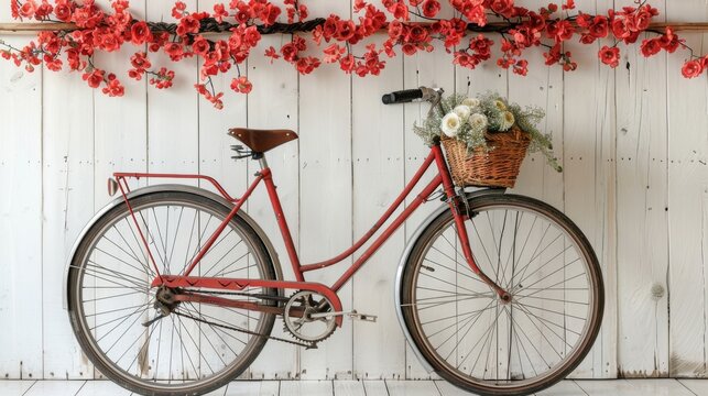 The red retro bicycle with basket and flowers is pictured in front of the white wall, with the background made of bricks
