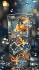 Fishy Refreshment Use ice cubes containing goldfish as a creative and whimsical way to serve drinks at a party or event, adding an element of surprise and delight to the refreshments 8K , high-resolut