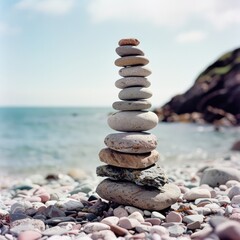 Fototapeta na wymiar Cairn smooth stones rocks at the beach stacked
