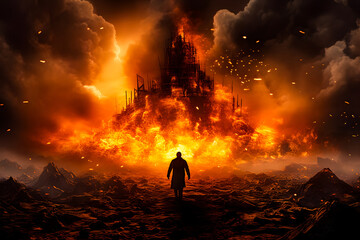 The background is of people walking amidst flames, a picture of the end of the world and the earth being destroyed and uninhabitable - obrazy, fototapety, plakaty
