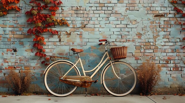 Three-dimensional rendering of a retro bicycle with basket in front of an old brick wall