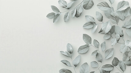 Delicate gray elegant background with leaves on white background with space for text. Background, texture, abstraction, leaves, elegance