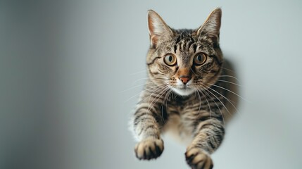 Funny cat flying. photo of a playful tabby cat jumping mid-air looking at camera. background with copy space