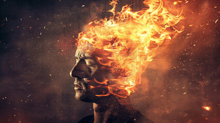 Inferno of the Mind: Man Engulfed by Flames of Thought Reflecting the Agony of Overthinking - Thinking Is Suffering