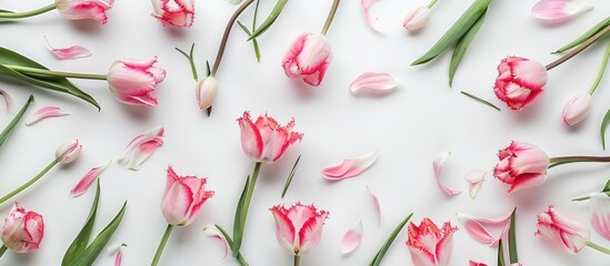 A flat lay, top view of a white background adorned with a bouquet of pink tulip flowers. - obrazy, fototapety, plakaty