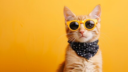 Cute ginger cat with bandana and sunglasses on yellow background - obrazy, fototapety, plakaty