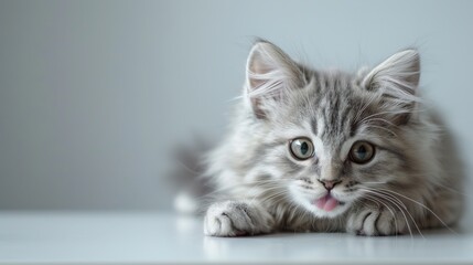 Fototapeta premium Funny large longhair gray kitten with beautiful big green eyes lying on white table. Lovely fluffy cat licking lips. Free space for text