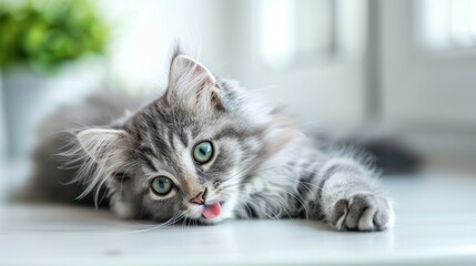 Naklejka premium Funny large longhair gray kitten with beautiful big green eyes lying on white table. Lovely fluffy cat licking lips. Free space for text