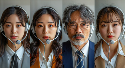 Four diverse customer service representatives wearing headsets, featuring two young women, an older man, and another young woman, all looking directly at the camera. - Powered by Adobe